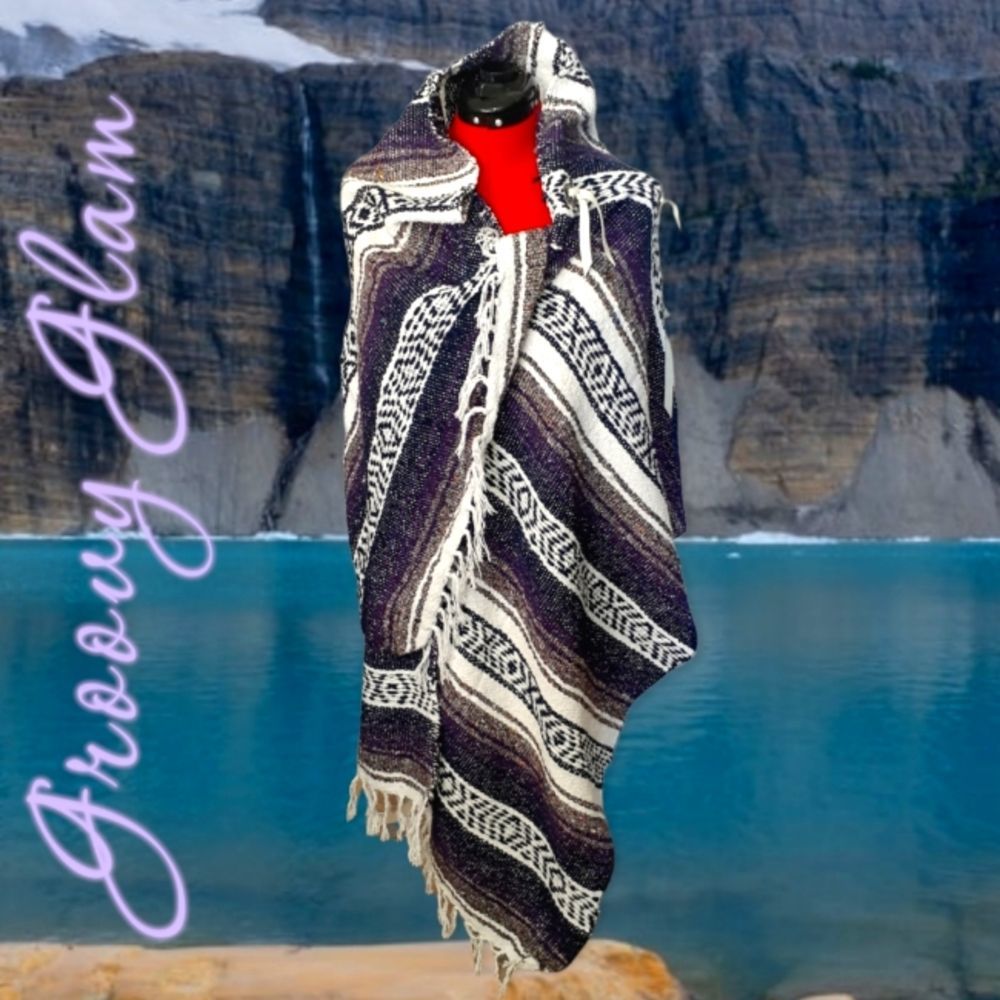 GROOVY GLAM Handmade Leather Fringed Concho Purple Falsa Blanket Wrap Shawl